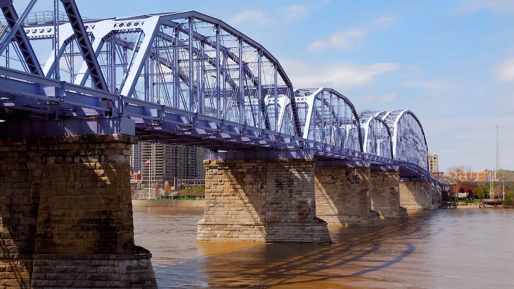 The Newport Southbank Bridge, known as the Purple People Bridge, stretches 2,670 feet over the Ohio River, connecting Kentucky to Cincinnati, Ohio is the longest pedestrian-only bridge in the USA