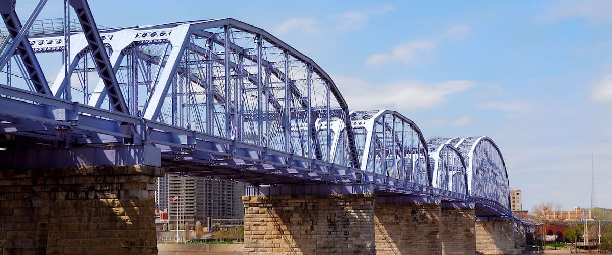 The Newport Southbank Bridge, known as the Purple People Bridge, stretches 2,670 feet over the Ohio River, connecting Kentucky to Cincinnati, Ohio is the longest pedestrian-only bridge in the USA