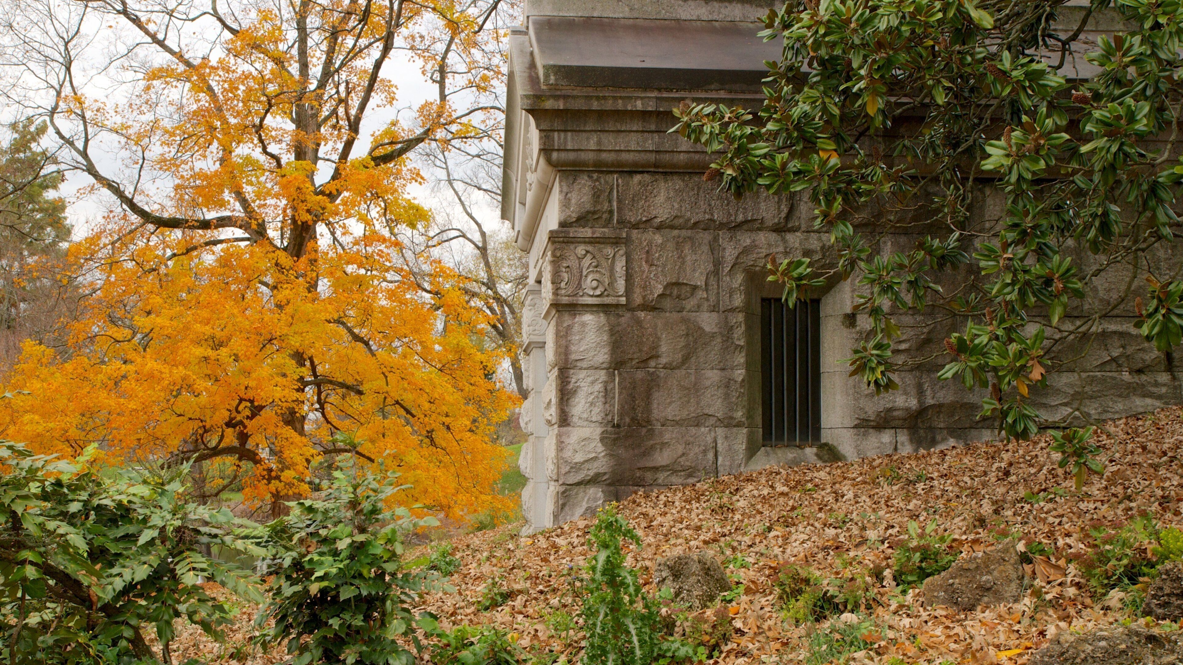 Begraafplaats Spring Grove toont herfstbladeren, een monument en historische architectuur