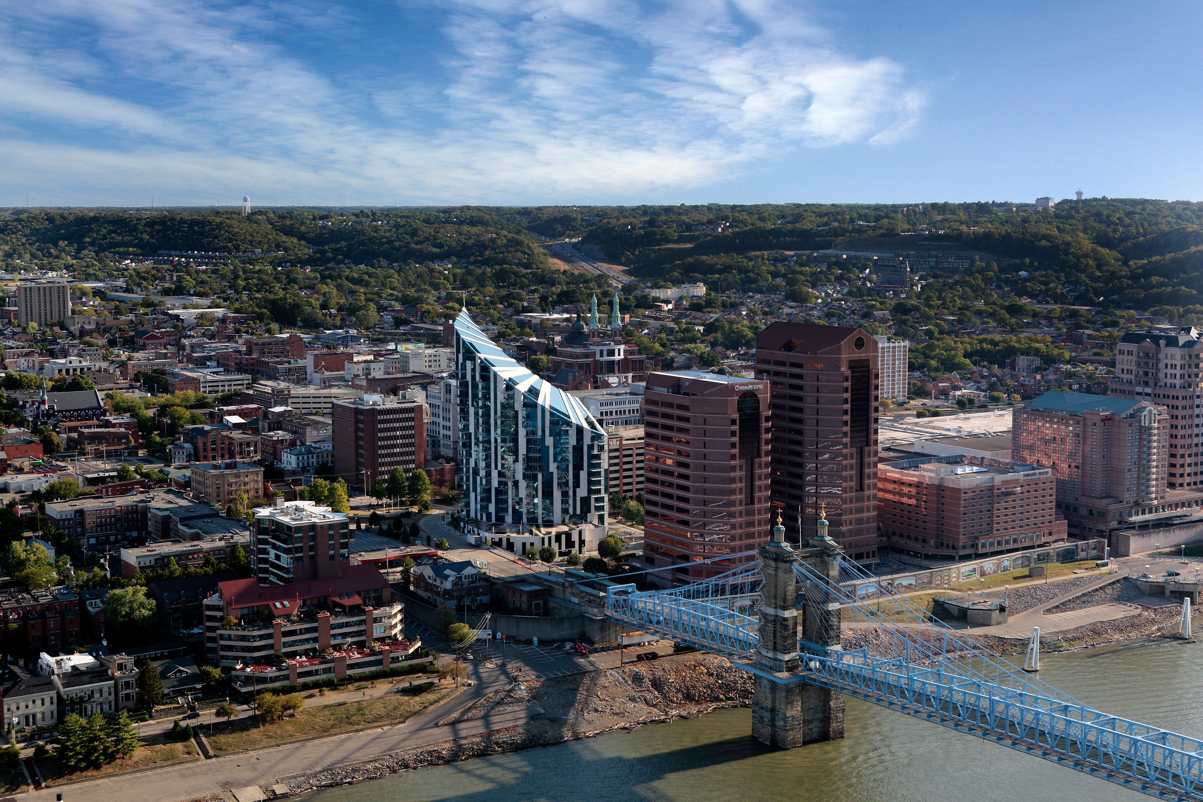 Aerial View of Covington Kentucky and the Roebling Suspension Bridge
