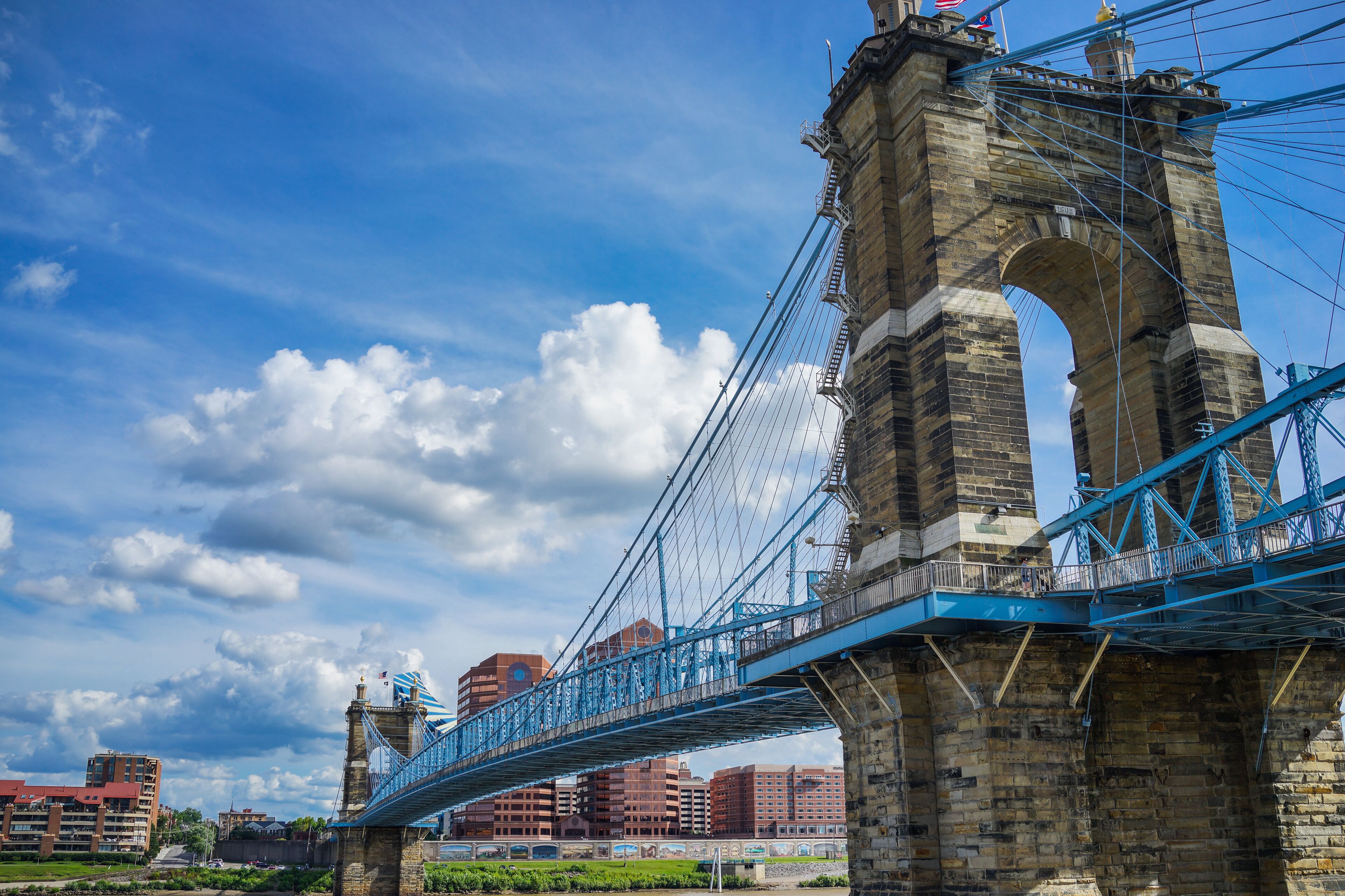 John A. Roebling Suspension Bridge with Blue Sky; Shutterstock ID 496984303