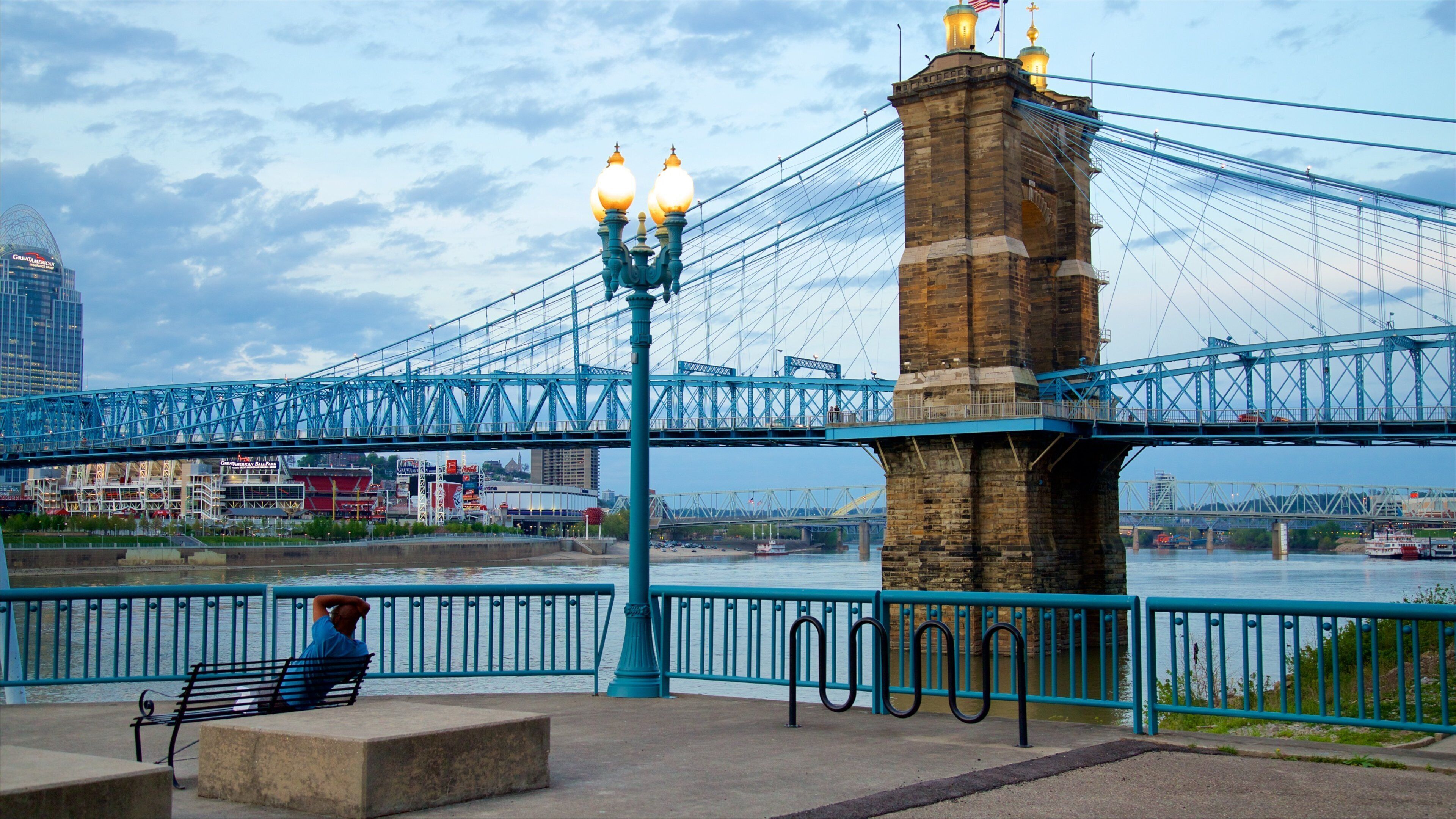 John A. Roebling Suspension Bridge featuring views, heritage elements and a river or creek