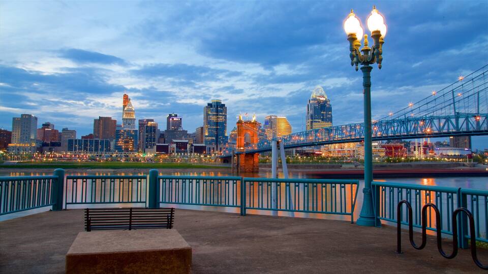 A city skyline with a prominent bridge and a river.