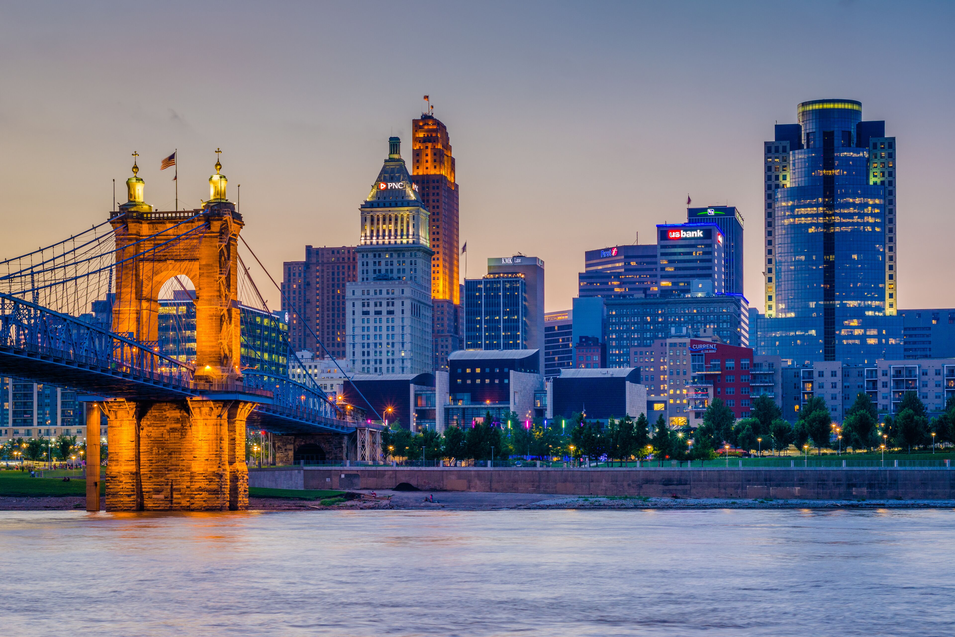 The Cincinnati skyline and Ohio River at night, seen from Covington, Kentucky,