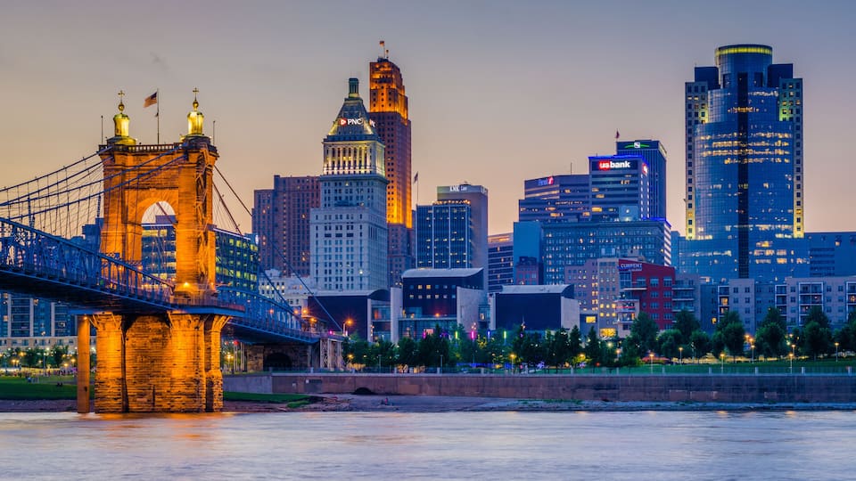 The Cincinnati skyline and Ohio River at night, seen from Covington, Kentucky,