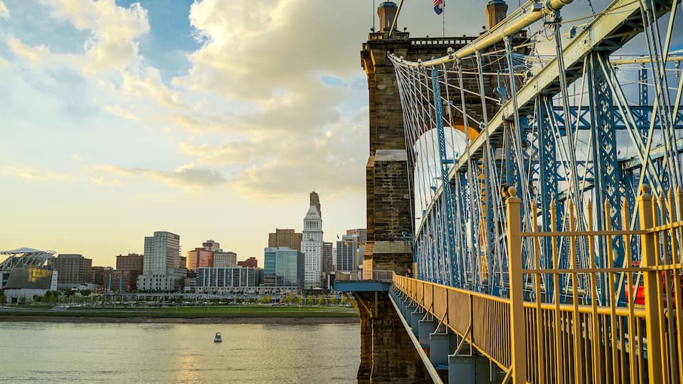 John A. Roebling Suspension Bridge during sunset