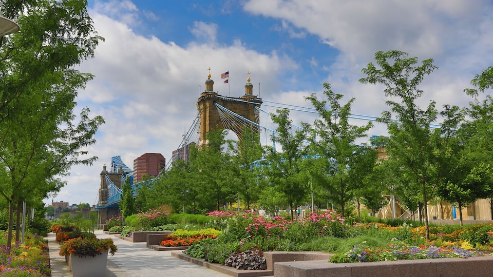 The John A. Roebling Bridge was built in 1866 to connect Covington Kentucky to Cincinnati , Ohio. It spans the Ohio River.