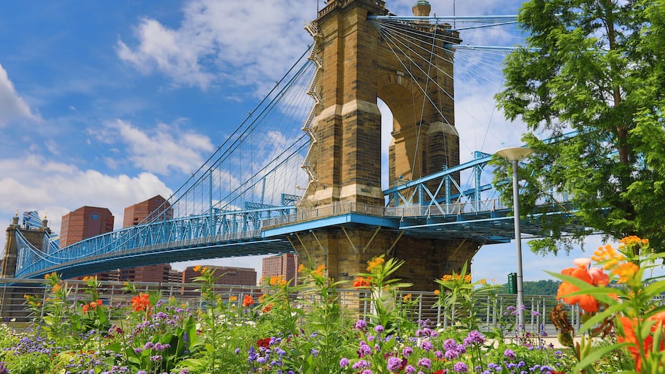 The John A. Roebling Bridge was built in 1866 to connect Covington Kentucky to Cincinnati , Ohio. It spans the Ohio River.
