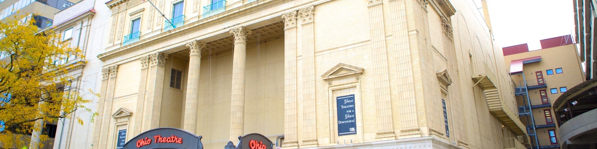 Ohio Theater featuring theater scenes, signage and heritage elements