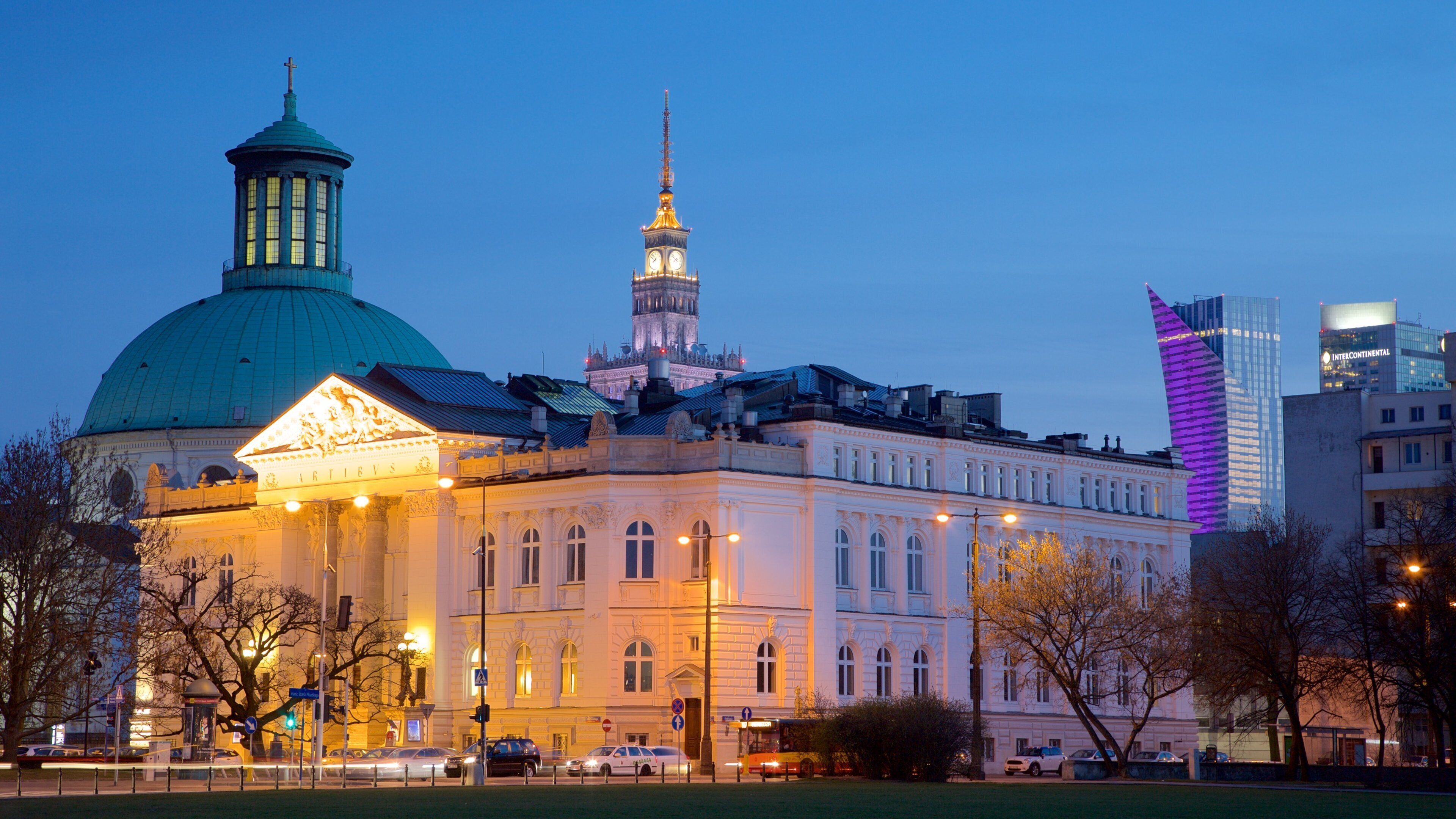 Pilsudski Square featuring night scenes and a city