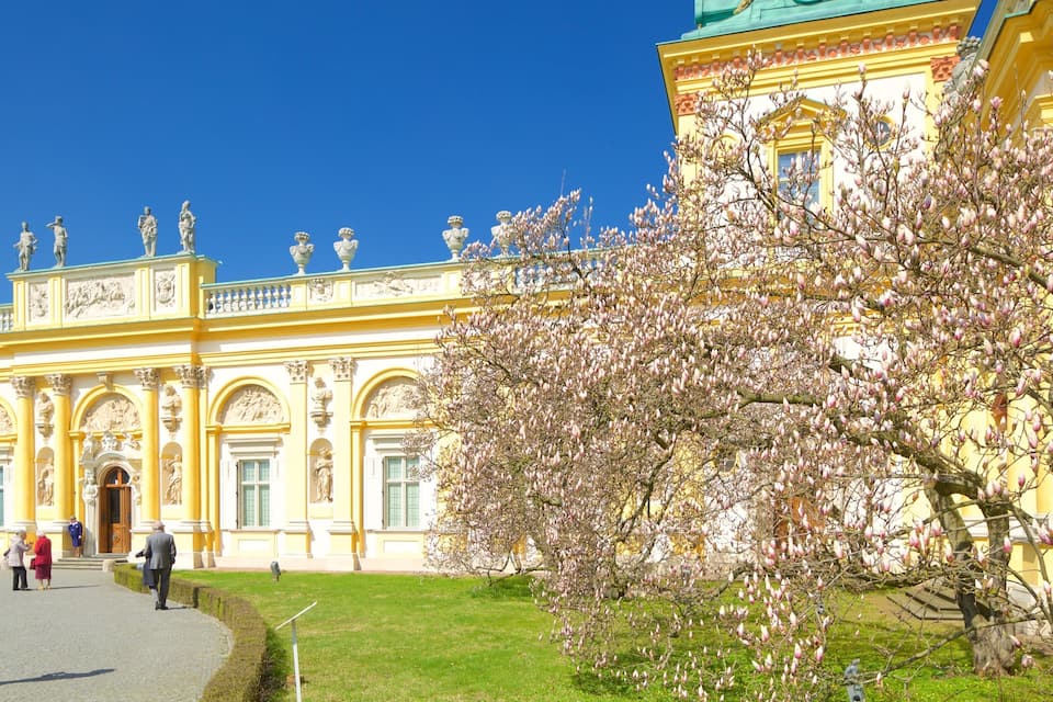Un imposant bâtiment jaune, orné de statues et surmonté d’un grand arbre en fleurs.
