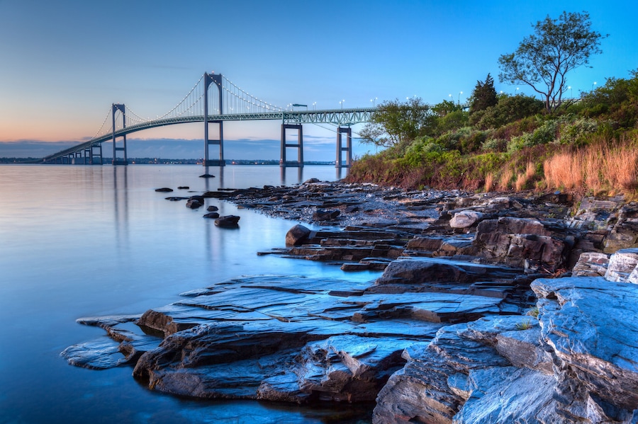 Newport Bridge Sunrise Rocky Seascape