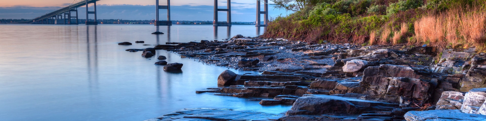 Newport Bridge Sunrise Rocky Seascape