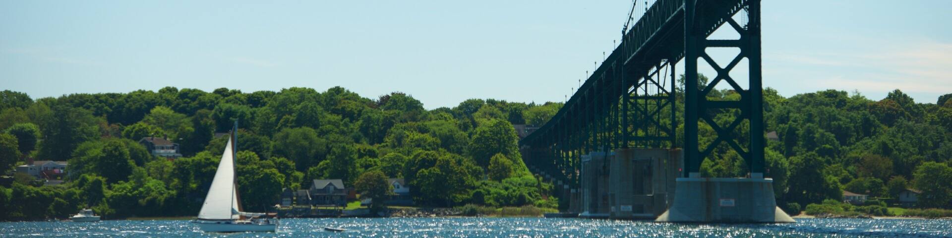 Newport Bridge featuring sailing, general coastal views and a bridge