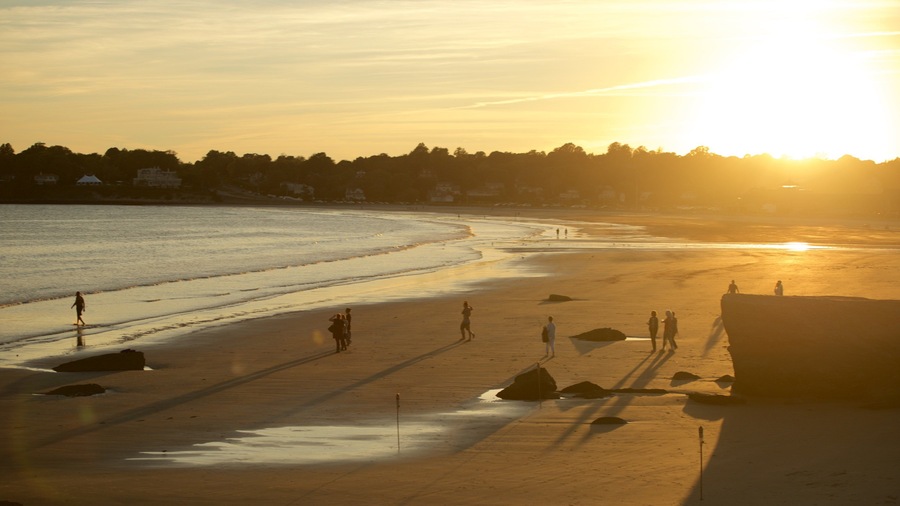 Easton\'s Beach which includes a sunset and a beach