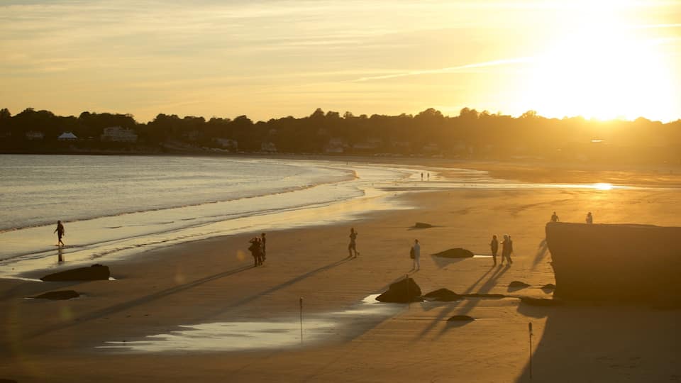 A beach at sunset with people walking and standing on the sand, a calm sea, and a line of trees in the background.