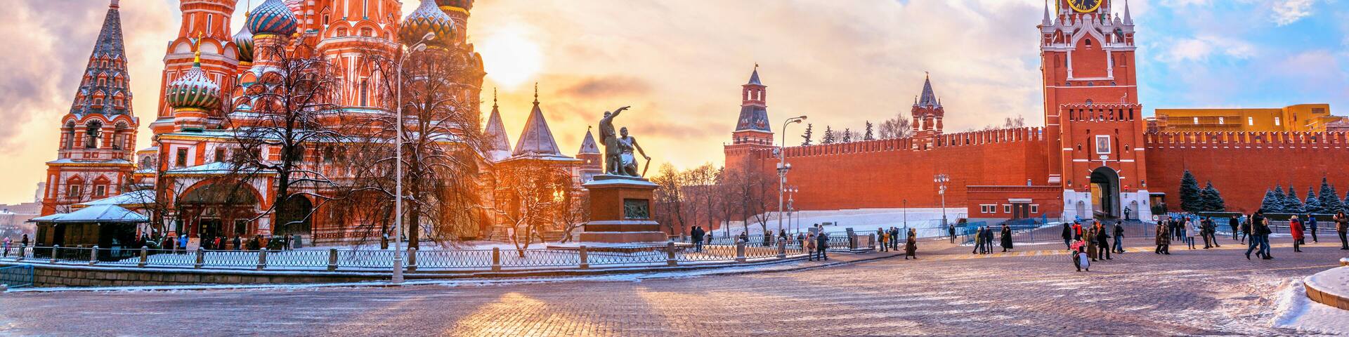 View of the Moscow Kremlin and Cathedral of St. Basil at the Red Square at sunset winter in Moscow, Russia