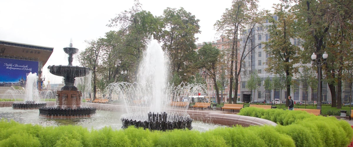 Pushkin Square featuring a garden and a fountain