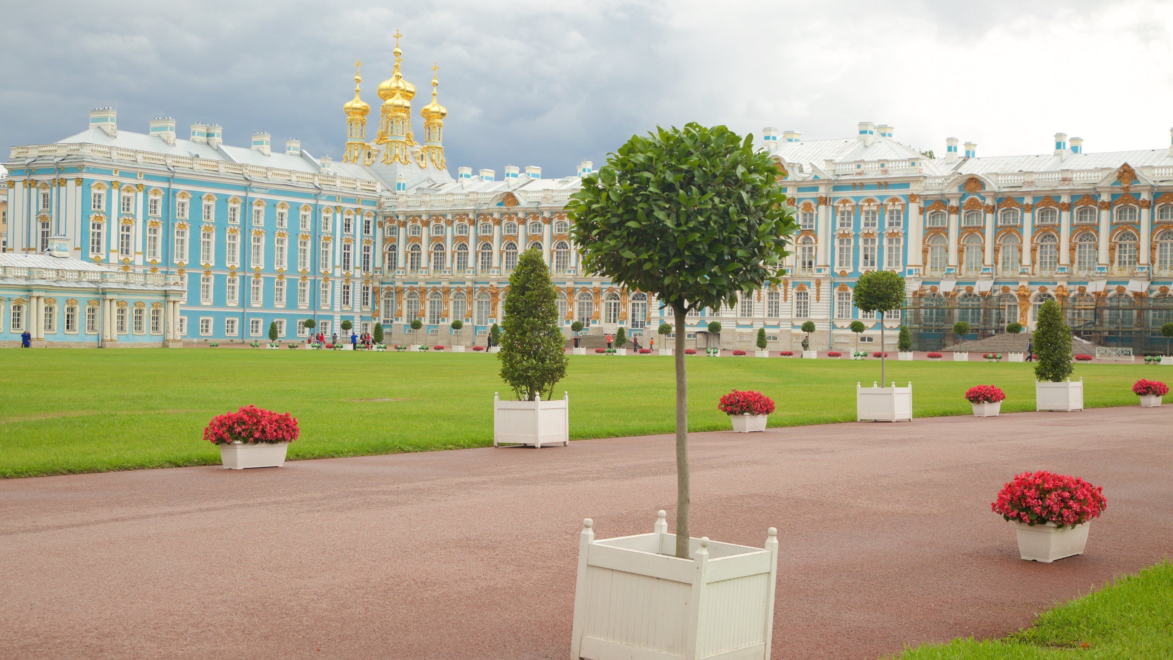 Catherine Palace and Park in Tsarskoye Selo showing a garden and heritage architecture