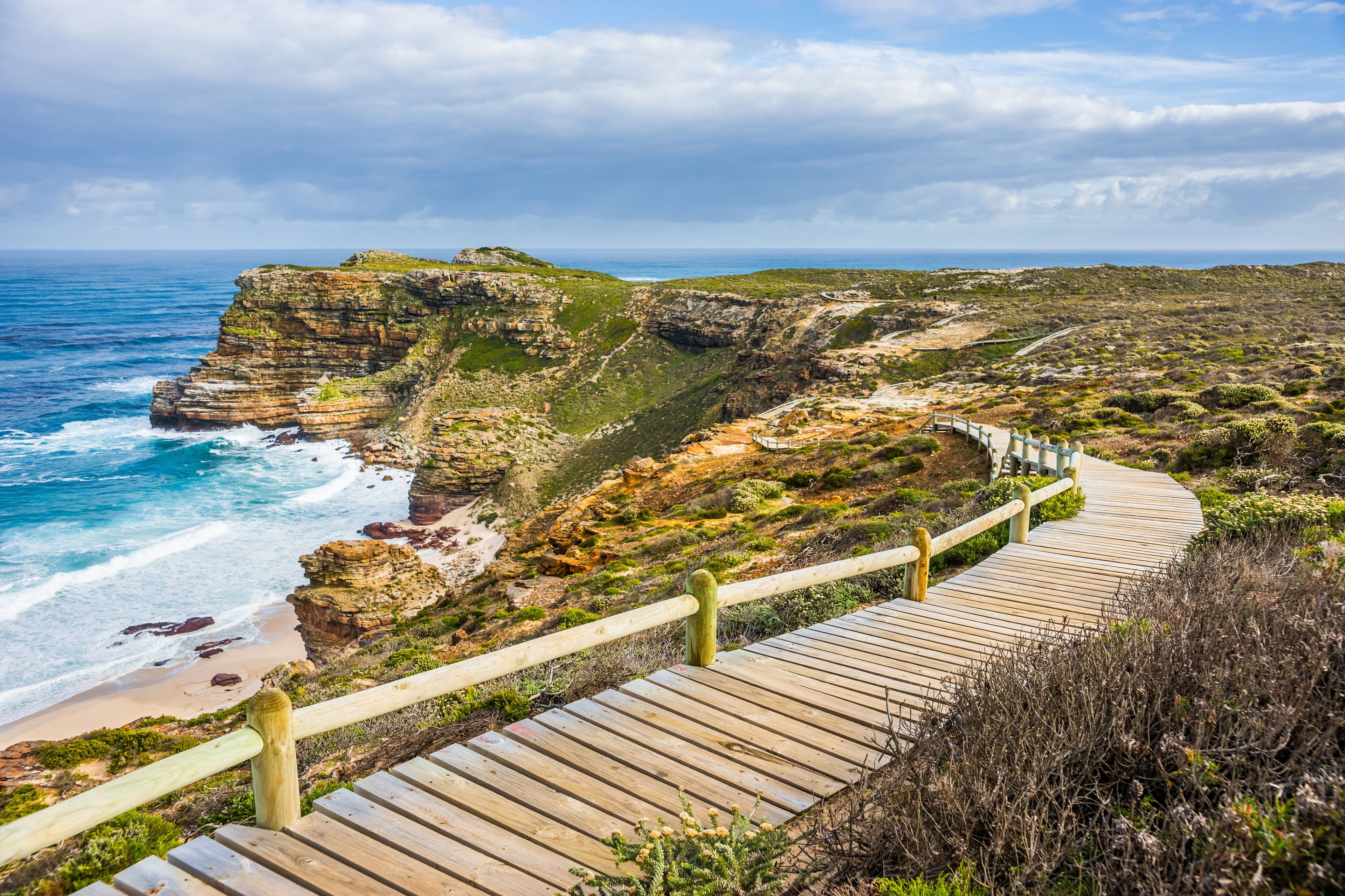 A route from Cape Point to Cape of Good Hope in sunny day. Western Cape province, South Africa.