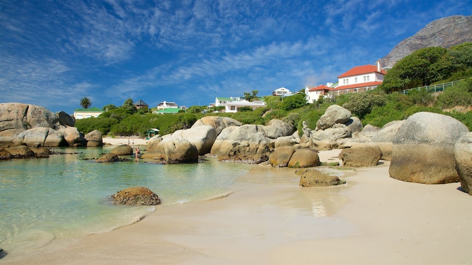 A coastal beach with large boulders, clear turquoise water, and houses with red roofs in the background.