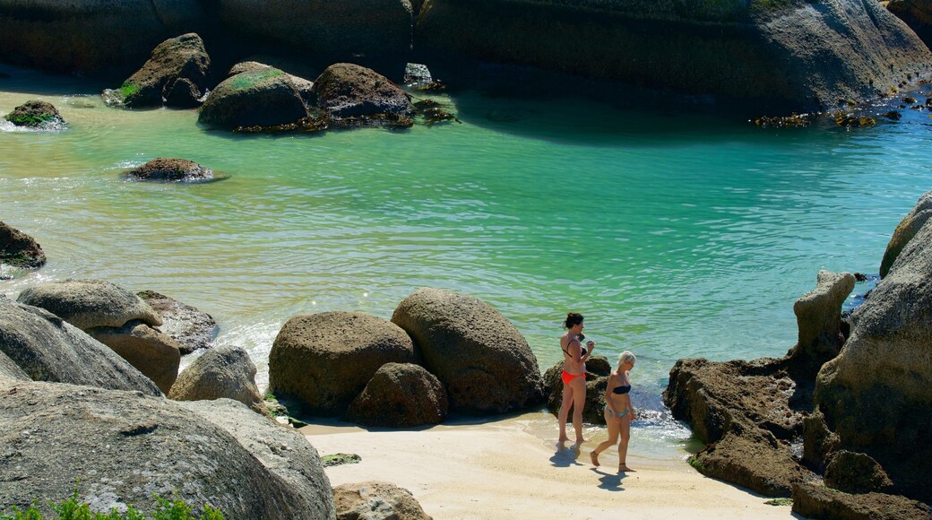 Boulders Beach which includes rugged coastline and a sandy beach as well as a small group of people