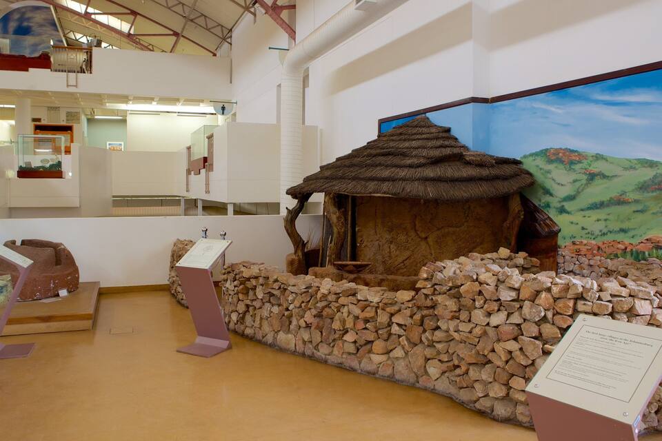 A museum exhibit with a thatched-roof hut, stone walls, and informational displays.