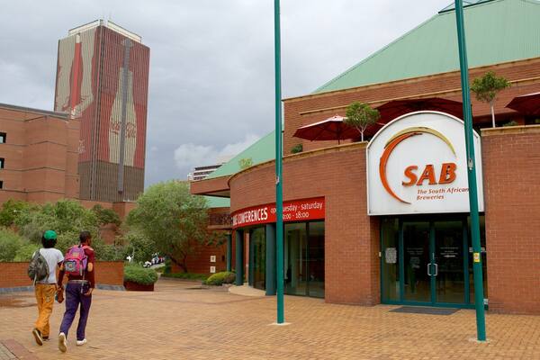 Museum Africa welches beinhaltet Beschilderung und Stadt sowie kleine Menschengruppe