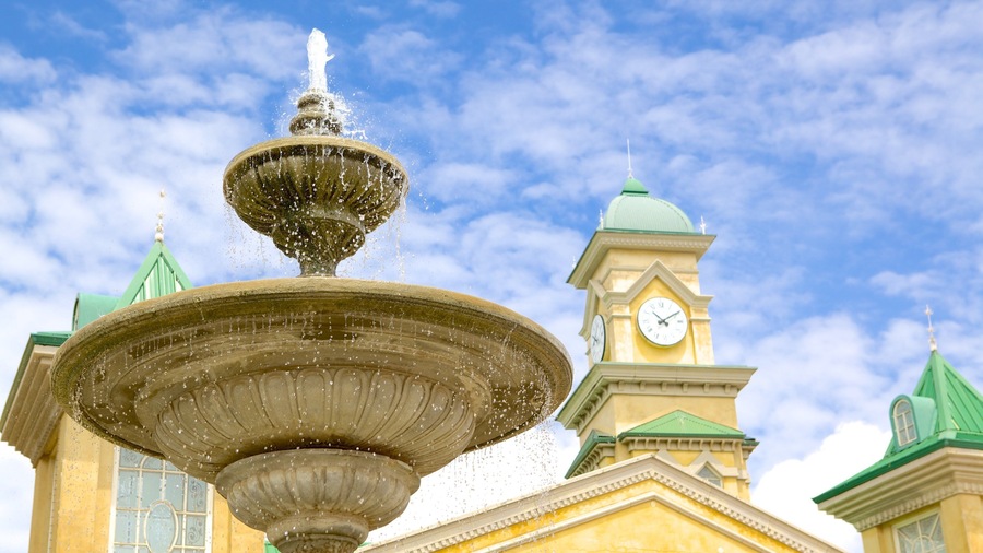 Gold Reef City showing heritage architecture, a fountain and a city