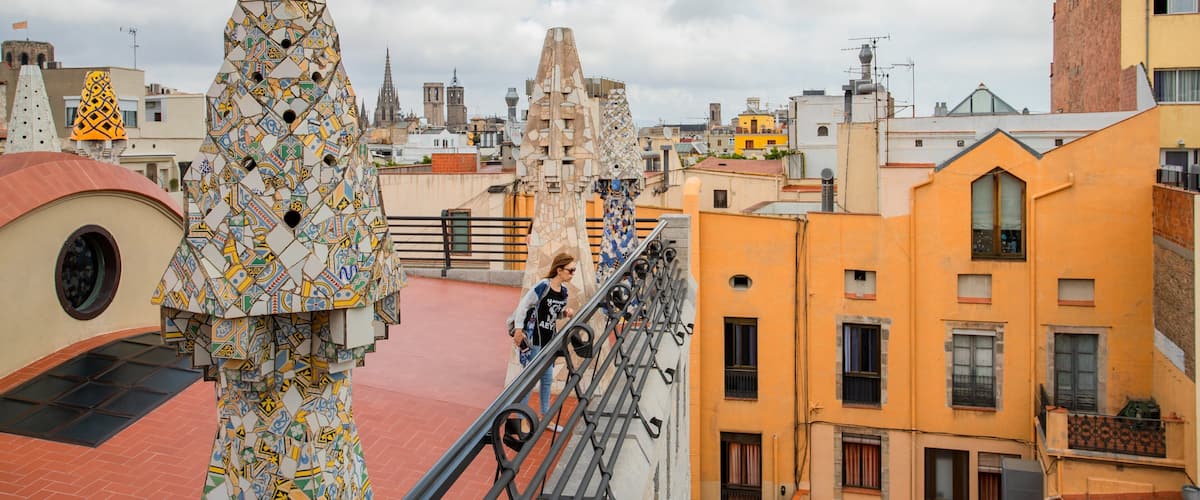 Palau Guell which includes outdoor art, views and a city