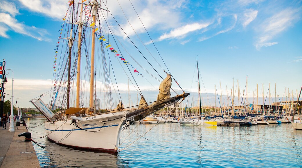 Port Vell showing a sunset and a bay or harbor