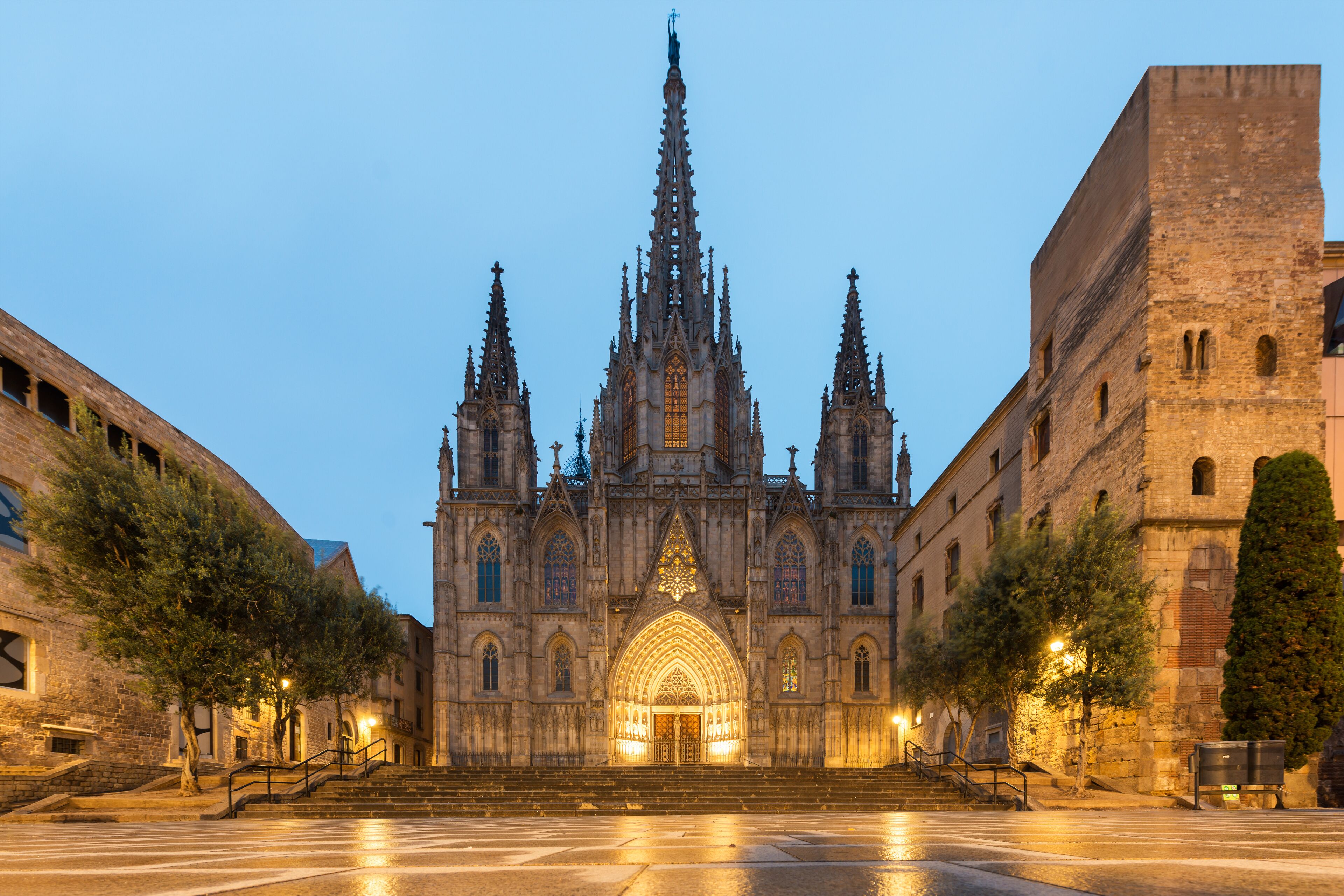 Panorama of Barcelona Cathedral of the Holy Cross and Saint Eulalia during morning blue hour, Barri Gothic Quarter in Barcelona, Catalonia, Spain.
