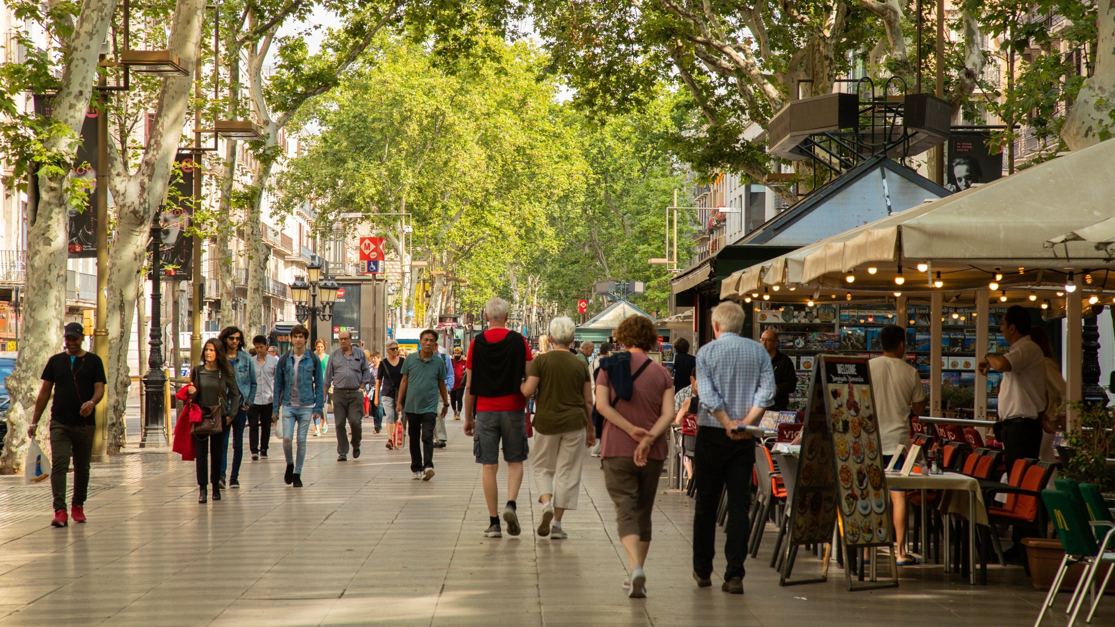 A bustling pedestrian street lined with trees and cafes.