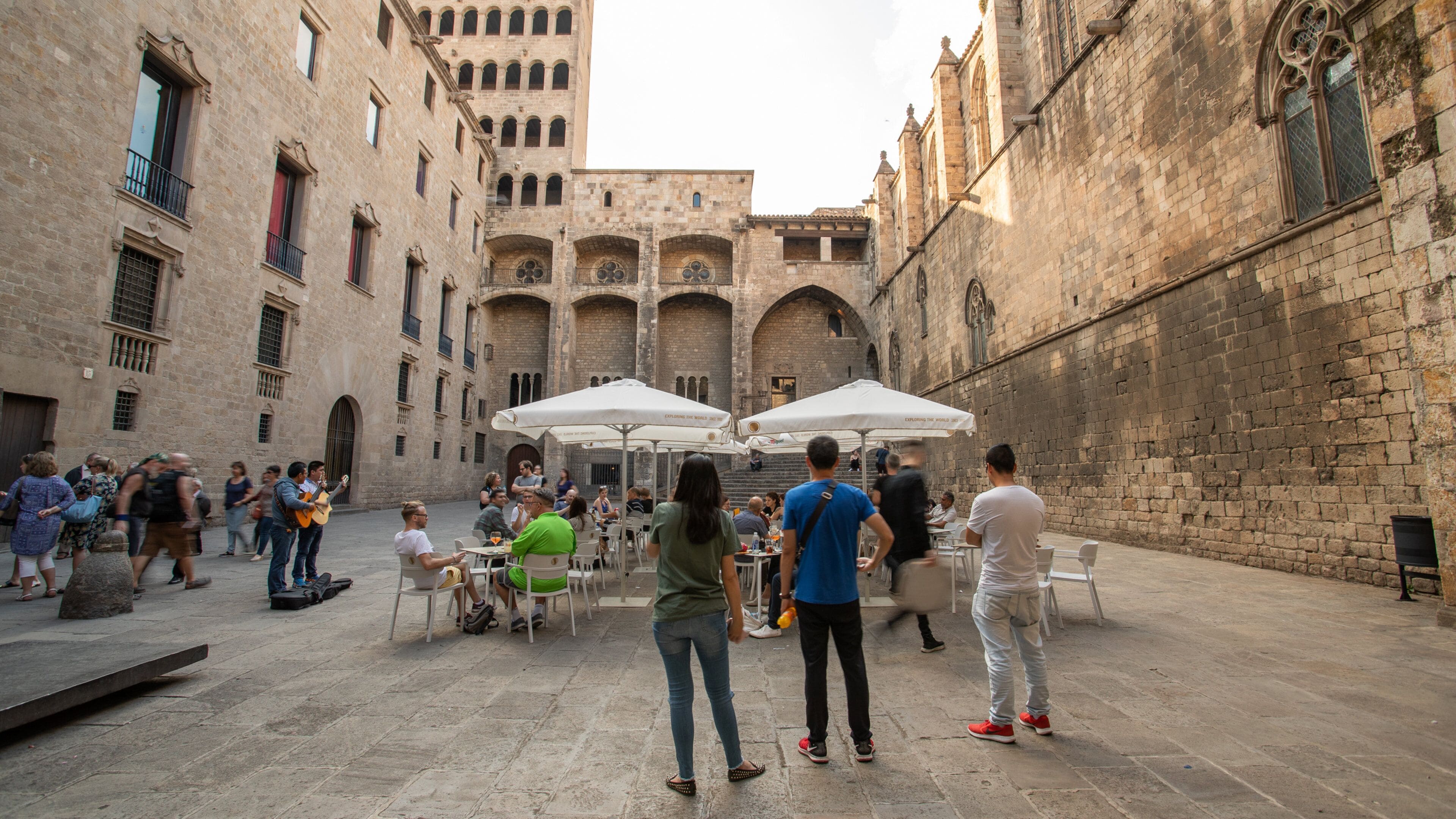 Placa del Rei which includes street scenes and heritage elements as well as a small group of people