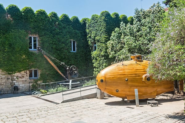 Submarine at the courtyard of the Maritime Museum - Barcelona. A submarine on display at the Maritime Museum (Museu Maritim) in Barcelona, Spain