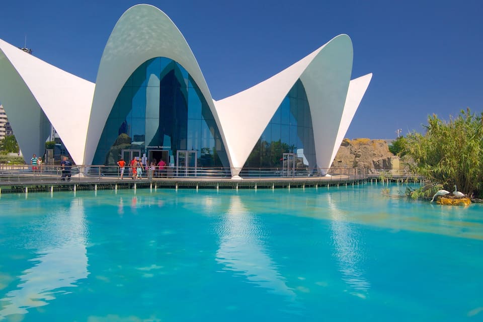 A modern architectural structure with three large white arches over a pool.