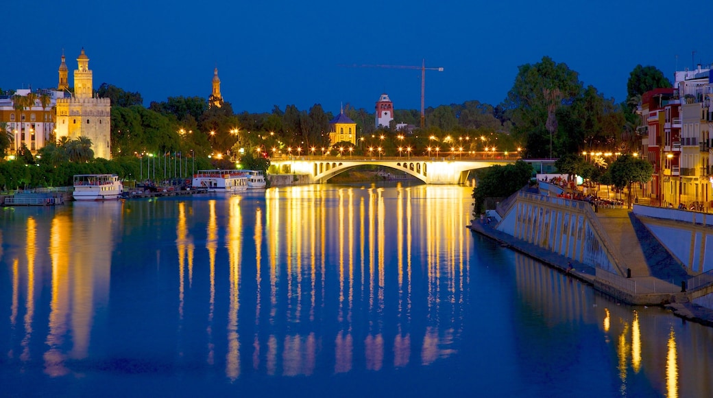 Triana-broen som inkluderer bro, nattbilder og by