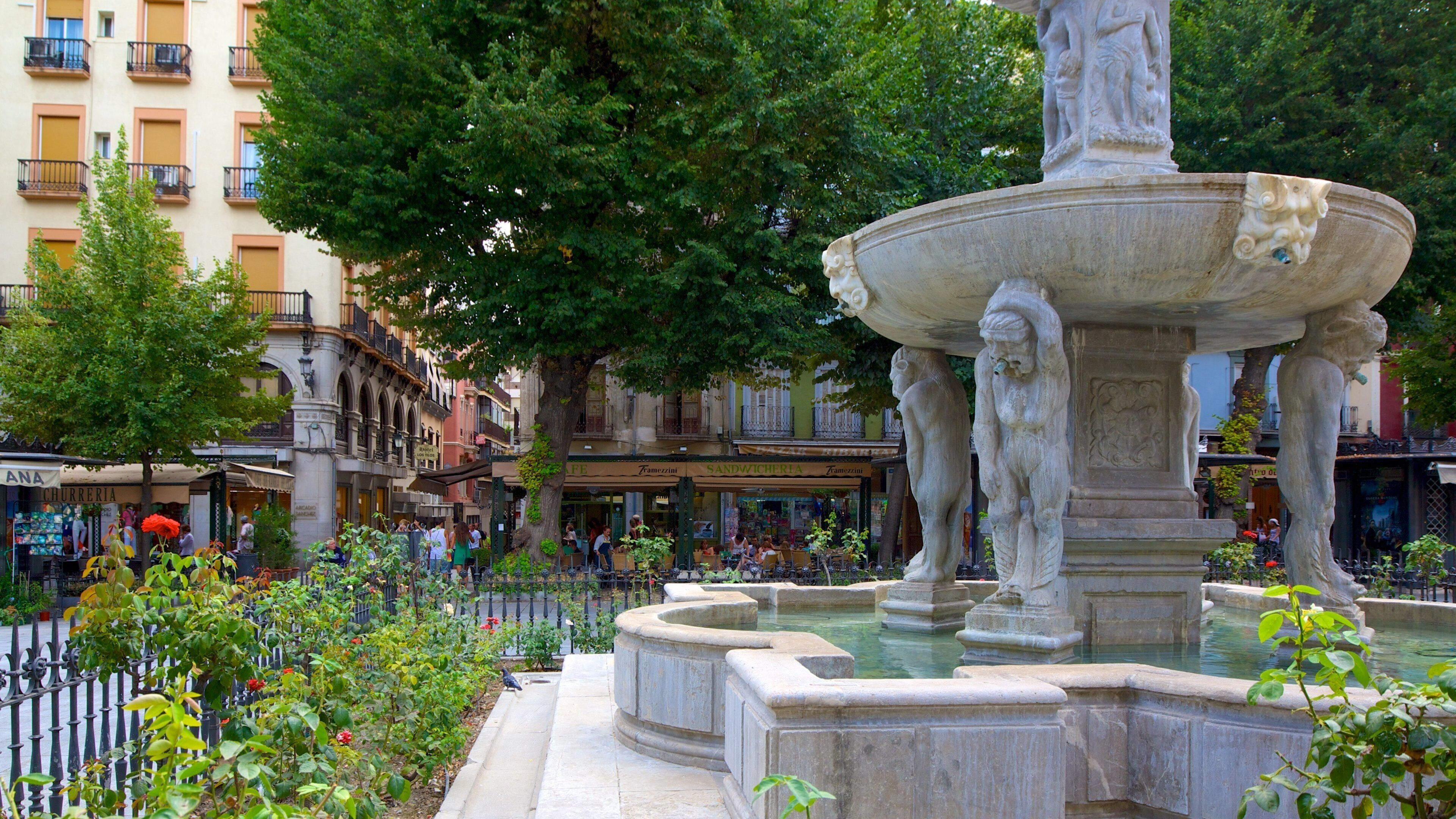 Plaza Bib-Rambla som viser en by, et springvand og en plads eller et torv