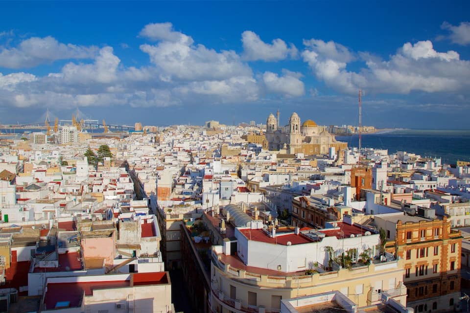 Un paisaje urbano costero con una catedral destacada y un puente al fondo.