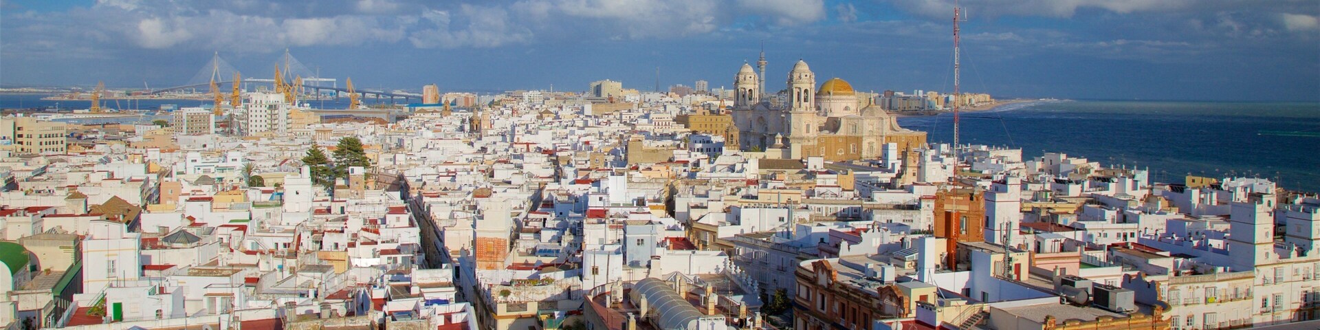 Un paisaje urbano costero con una catedral destacada y un puente al fondo.
