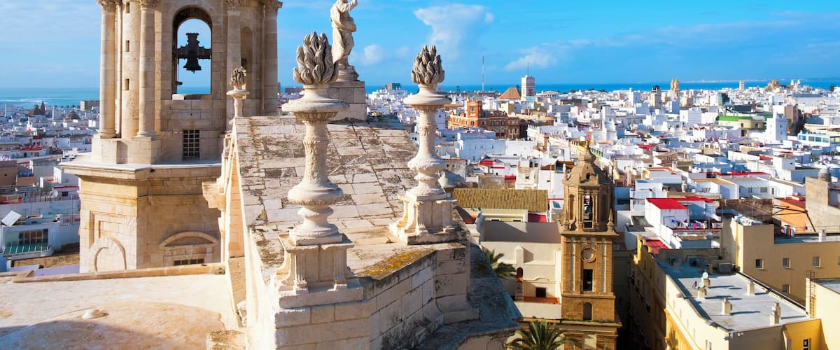 an aerial view of the roofs of Cadiz, Spain, from the belfry of its Cathedral