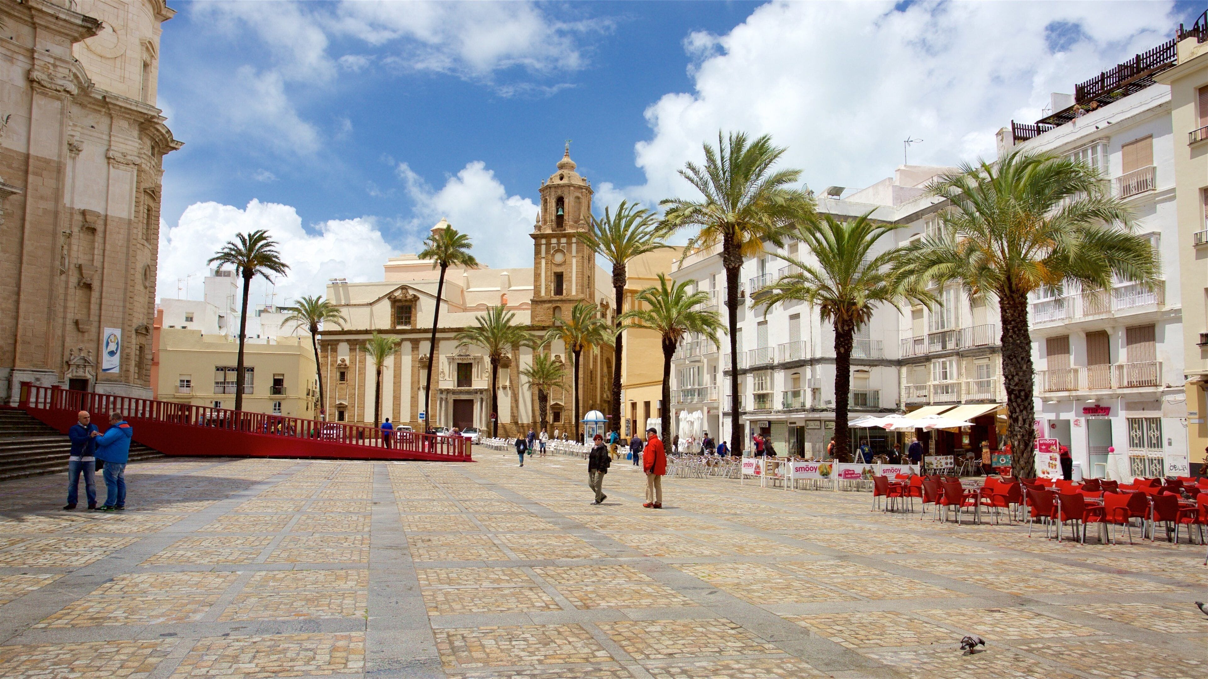 Cathedral Square which includes tropical scenes and a square or plaza