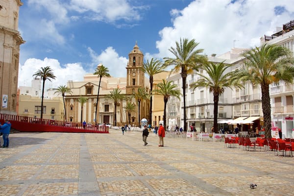 Cathedral Square which includes tropical scenes and a square or plaza