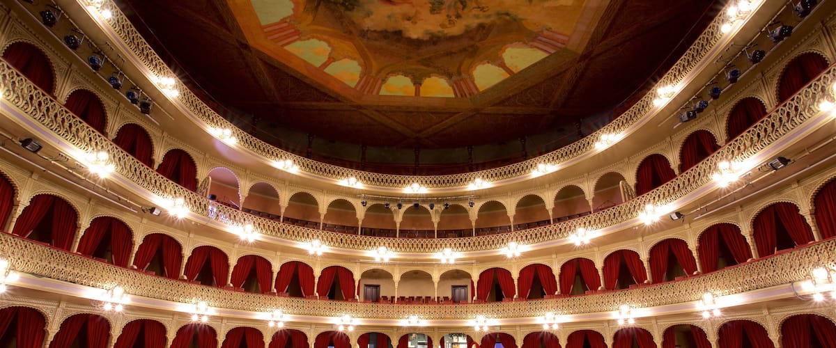 El Gran Teatro Falla featuring theatre scenes and interior views