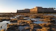 Un fort côtier doté d’un fossé, d’un terrain rocheux et de palmiers.
