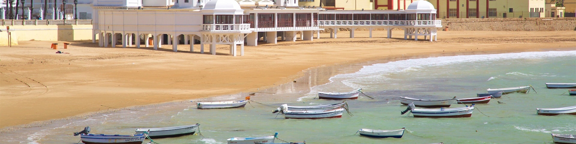 Playa de la Caleta ofreciendo una localidad costera, embarcaciones y una playa de arena