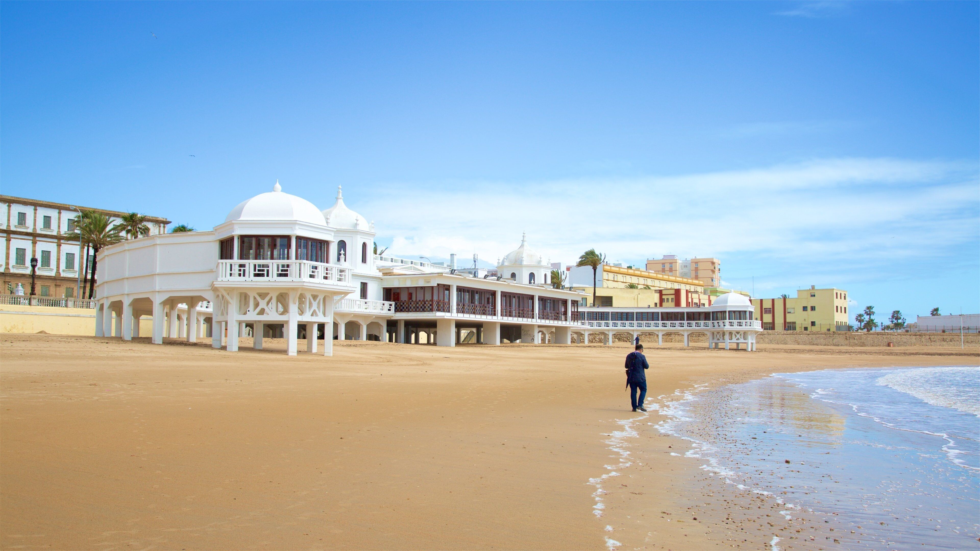 A beach with white buildings and palm trees.