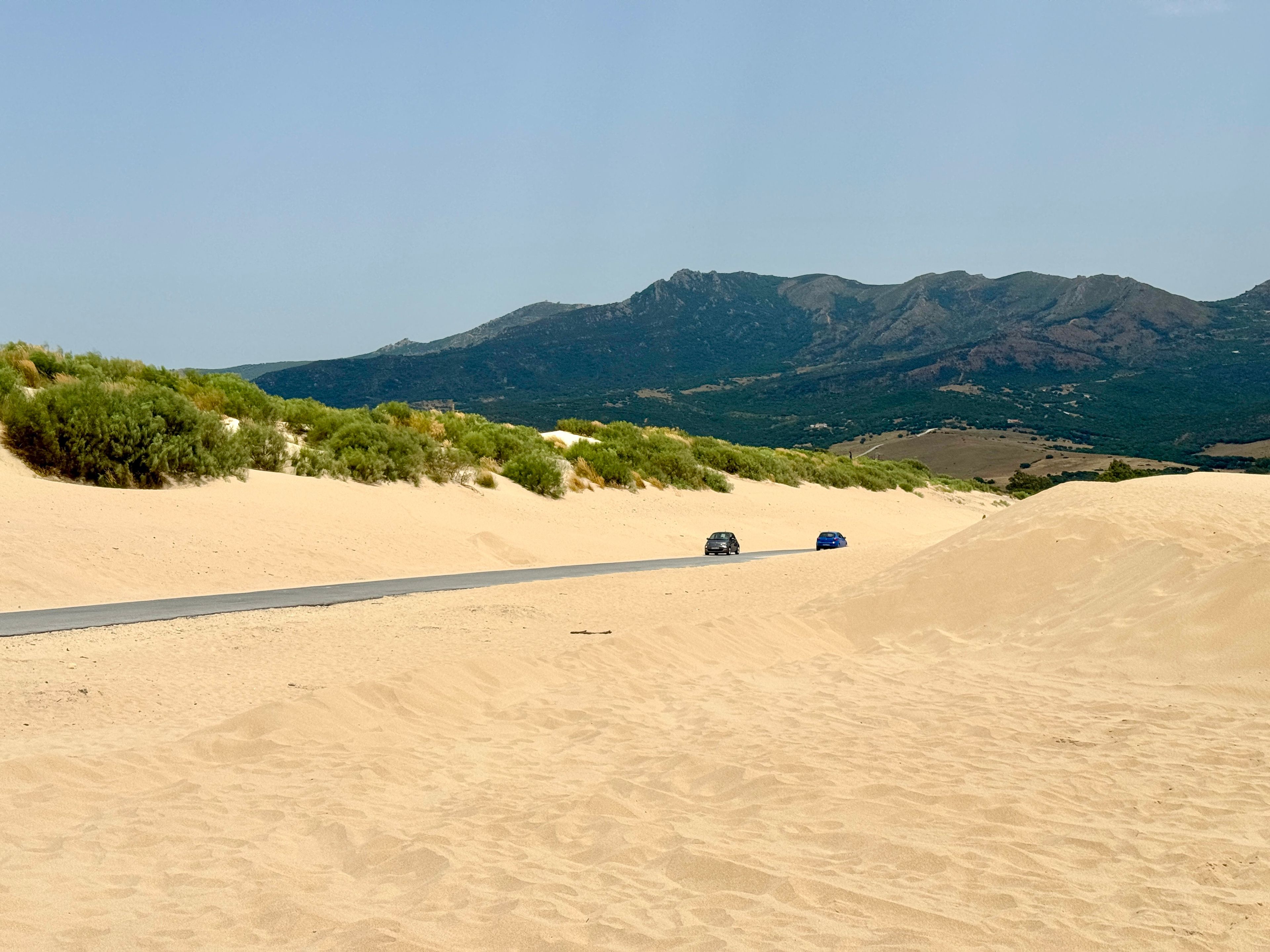Paisaje desértico con dunas de arena y una carretera.