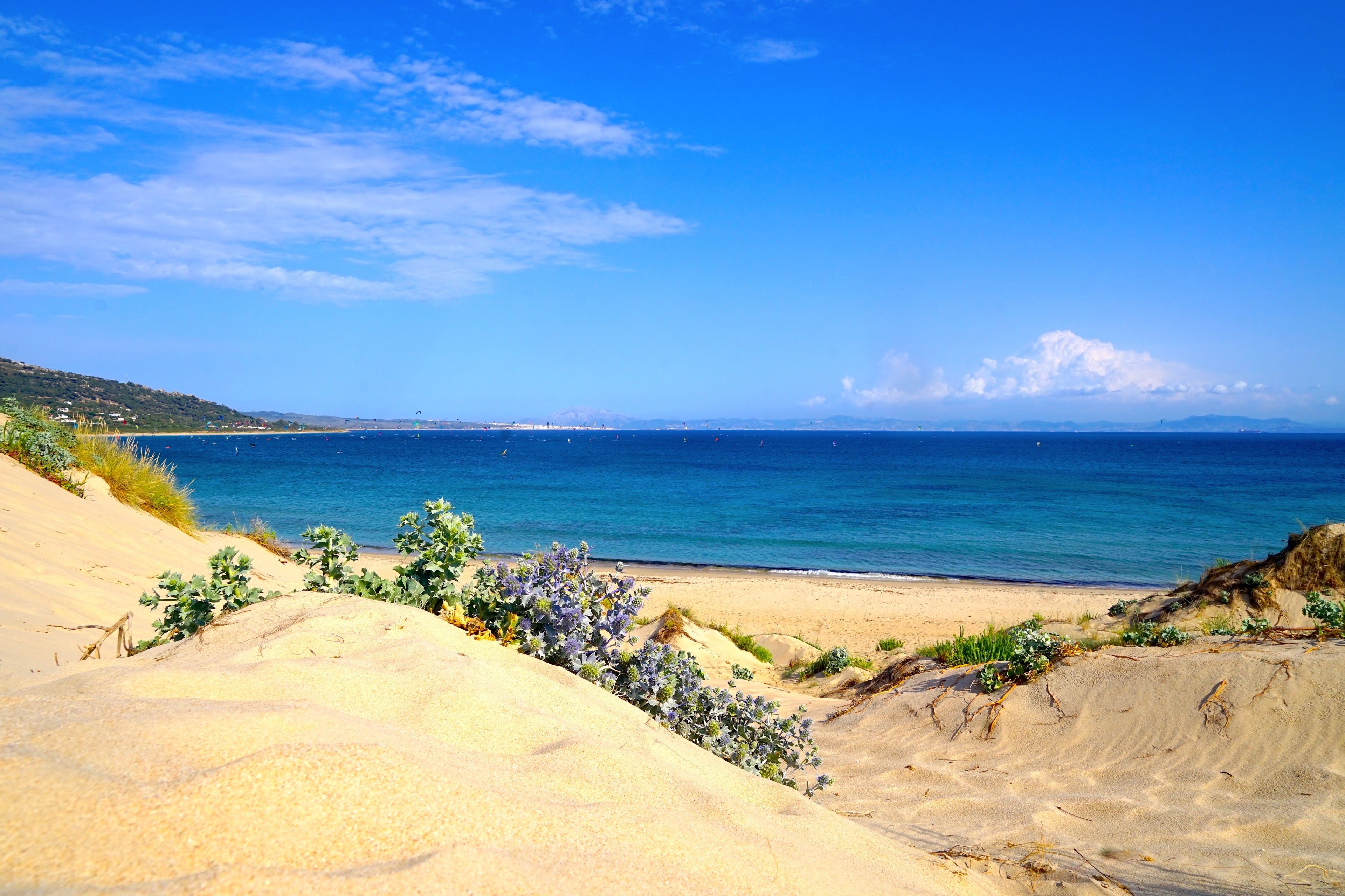 beautiful view from the dunes from Valdevaqueros along the coastline of the Atlantic Ocean with blue turquoise water, Tarifa, Costa de la Luz, Andalusia, province of Cádiz, Spain, Travel, Tourism