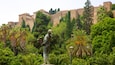Una estatua en un jardín exuberante, con un edificio histórico de piedra al fondo.